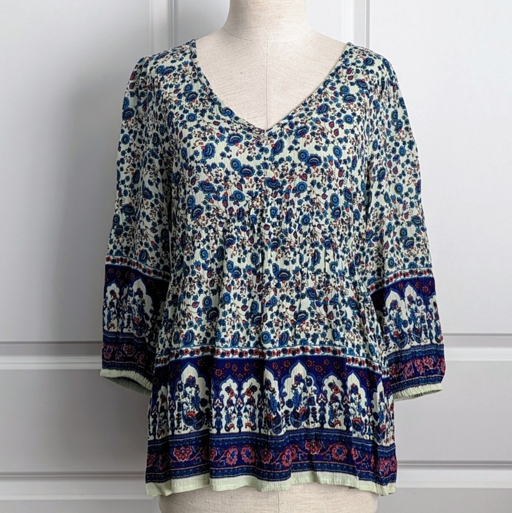 BILA Blouse Boho Floral Print V-Neck 3/4 Length Sleeves Blue Multi S NWT